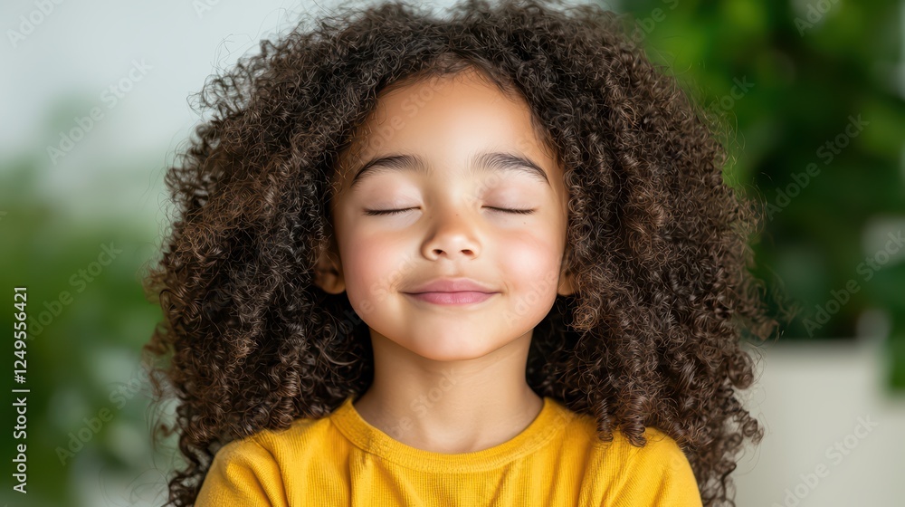 Joyful child with curly hair smiling and enjoying relaxation moment Joyful child with curly hair smiling and enjoying relaxation moment