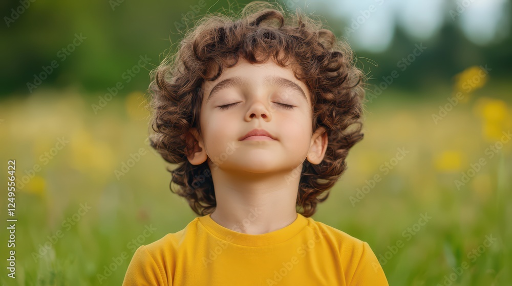 Peaceful Child Meditating in a Vibrant Green Meadow of Flowers Peaceful Child Meditating in a Vibrant Green Meadow of Flowers