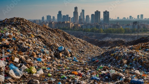 View of a large garbage dump against the background of the city