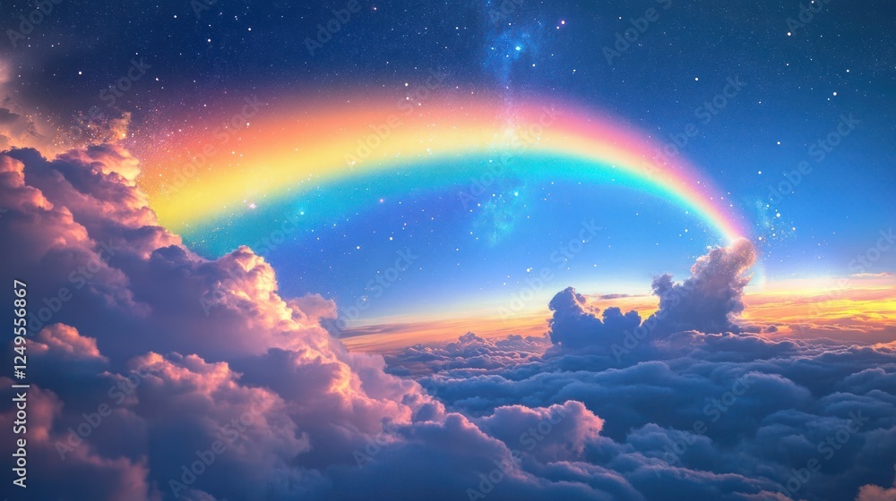 A vibrant, multicolored night sky rainbow curving above soft, glowing clouds under a deep blue starry sky. A vibrant, multicolored night sky rainbow curving above soft, glowing clouds under a deep blue starry sky.