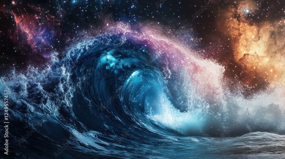 Fototapeta premium A vibrant, swirling ocean wave with neon blues and purples, set against a cosmic galaxy background
