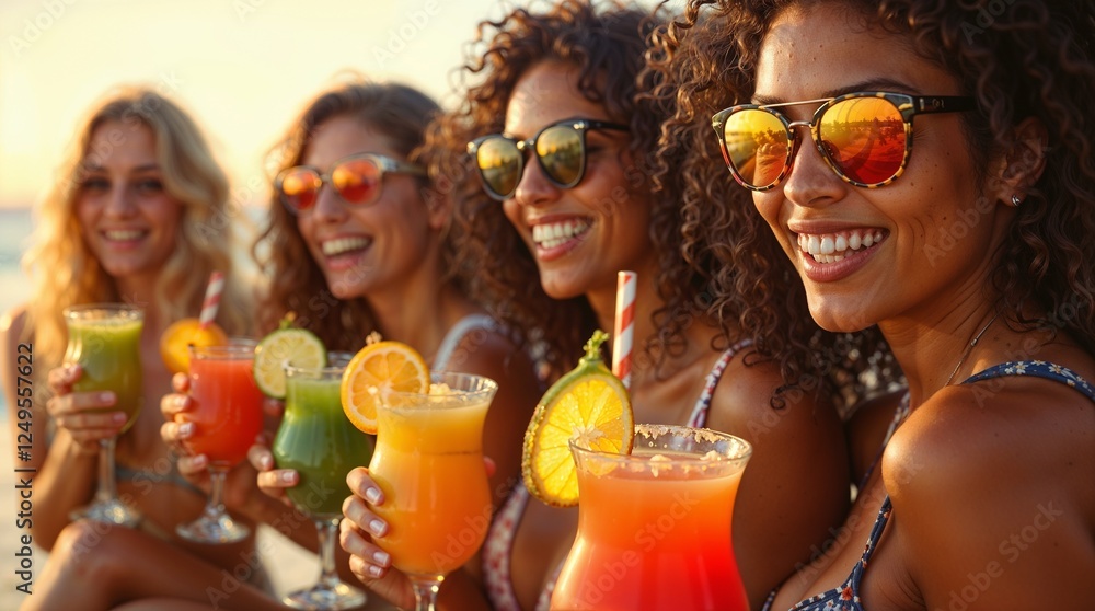 Vibrant Summer Beach Party – Diverse Women Laughing with Tropical Cocktails at Golden Hour Vibrant Summer Beach Party – Diverse Women Laughing with Tropical Cocktails at Golden Hour