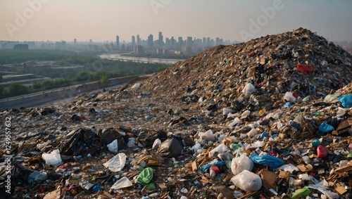 View of a large garbage dump against the background of the city