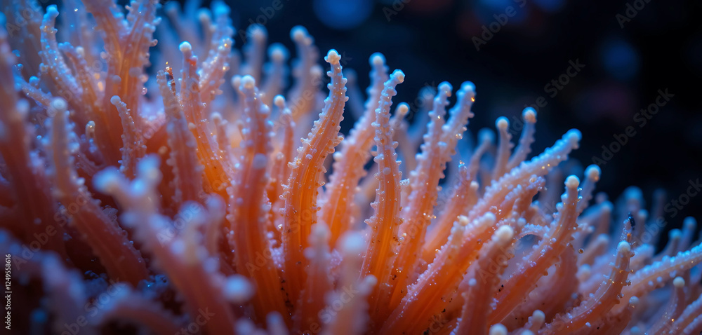 8K macro image of a coral polyp feeding at night, showcasing delicate tentacles, vibrant fluorescent hues, and soft deep-sea lighting.
8K macro image of a coral polyp feeding at night, showcasing delicate tentacles, vibrant fluorescent hues, and soft deep-sea lighting.