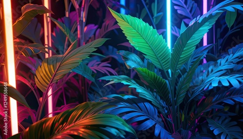  Neon Green and Blue Lights Illuminate Tropical Leaves, Creating a Vibrant and Futuristic Digital Environment. photo