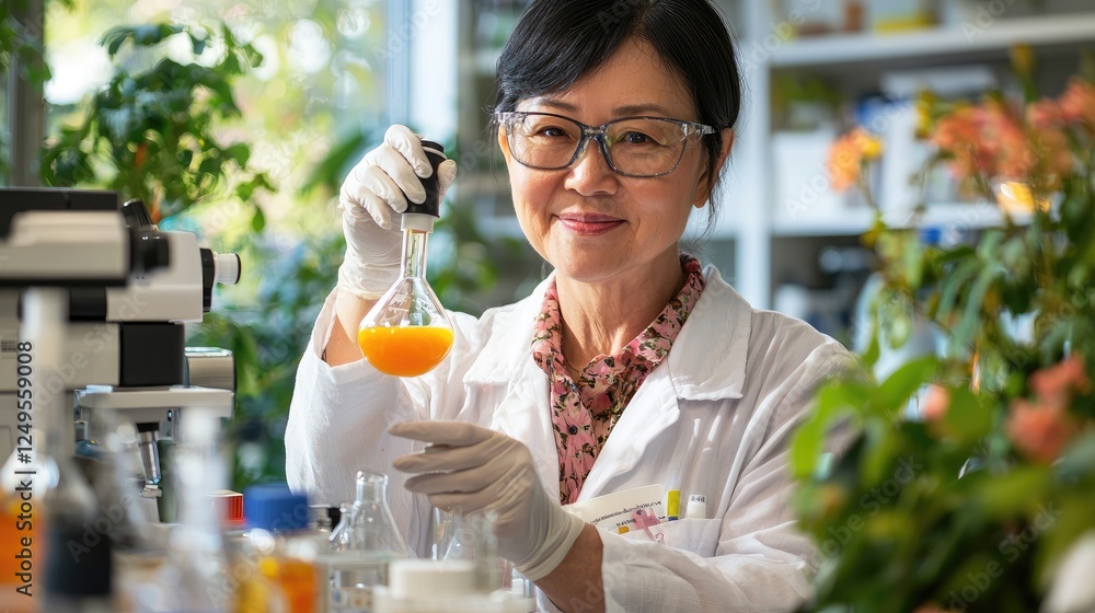 Scientist Conducting Experiment with Orange Liquid in Laboratory Scientist Conducting Experiment with Orange Liquid in Laboratory