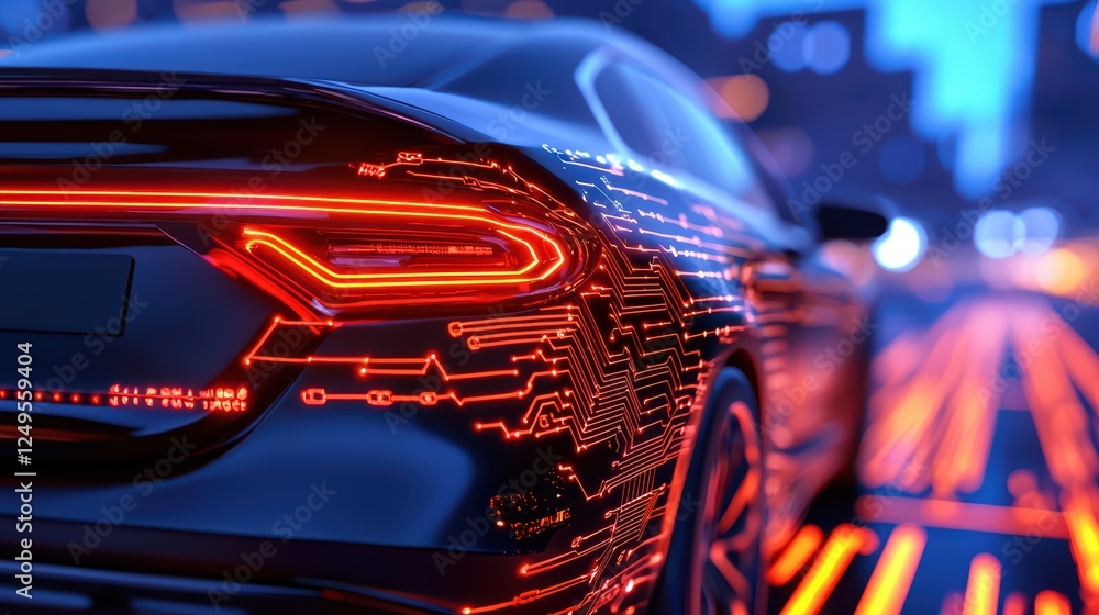 Futuristic Car Design with Neon Circuit Patterns and Urban Background Futuristic Car Design with Neon Circuit Patterns and Urban Background