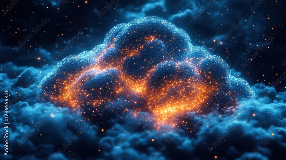 A glowing cloud formation with shimmering particles in a dark atmosphere. A glowing cloud formation with shimmering particles in a dark atmosphere.