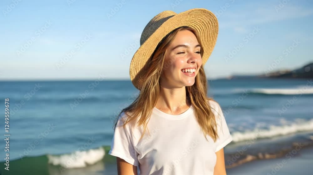 Woman in straw hat walking on peaceful beach
Woman in straw hat walking on peaceful beach