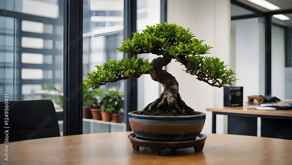 View of a potted bonsai tree on a table in the office View of a potted bonsai tree on a table in the office