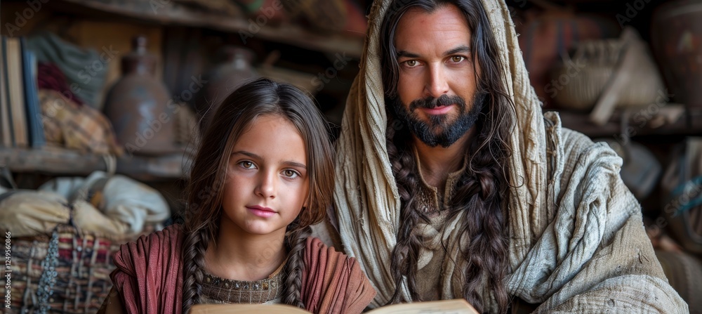 Fototapeta premium Jesus christ surrounded by children enjoying a story in a beautiful garden setting
