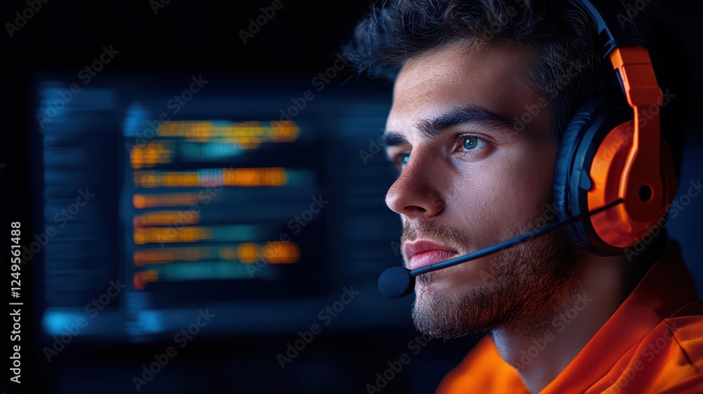 Focused Male Gamer with Headset Engaged in Online Gaming Session Focused Male Gamer with Headset Engaged in Online Gaming Session