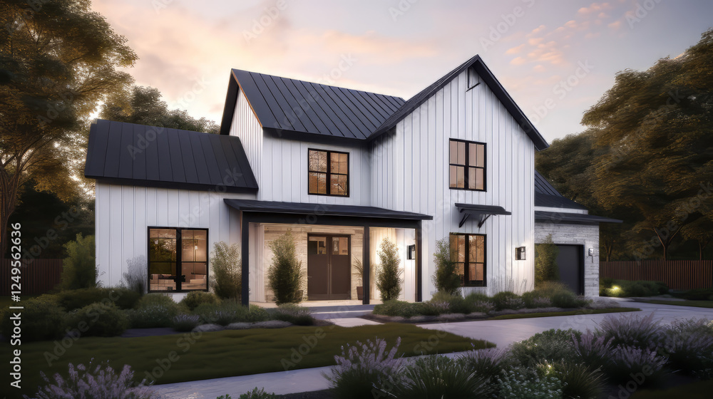 A sleek modern farmhouse with white board-and-batten siding, a dark gray metal roof, and large black-framed windows A sleek modern farmhouse with white board-and-batten siding, a dark gray metal roof, and large black-framed windows