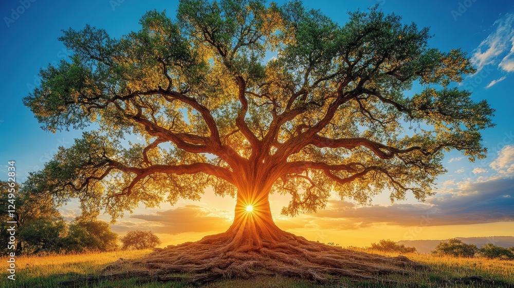 Majestic oak tree sunset landscape, nature background Majestic oak tree sunset landscape, nature background