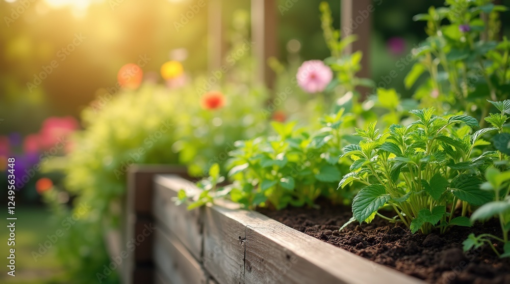 Fototapeta premium Raised Garden Bed With Lush Herbs and Flowers Under Warm Sunlight