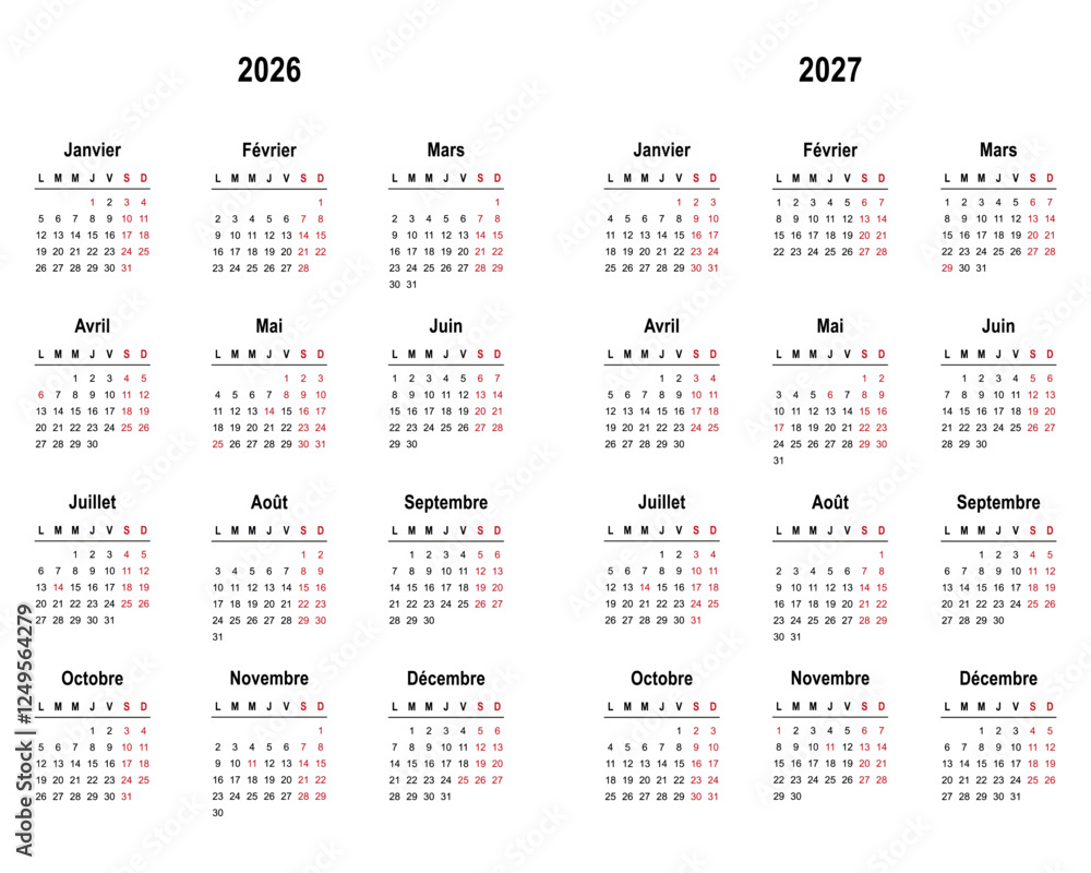 Calendar 2026 and 2027 in french language with french holidays. Vector illustration Calendar 2026 and 2027 in french language with french holidays. Vector illustration