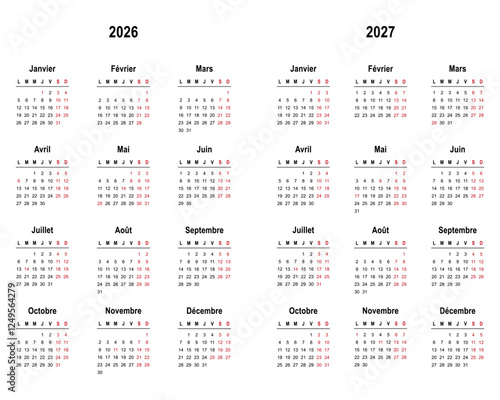 Calendar 2026 and 2027 in french language with french holidays. Vector illustration	