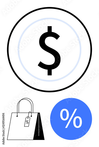 Dollar sign in a circle above a shopping bag with a discount tag and percentage symbol. Ideal for retail, sale promotions, ecommerce, discounts, shopping events, price cuts, savings, abstract line