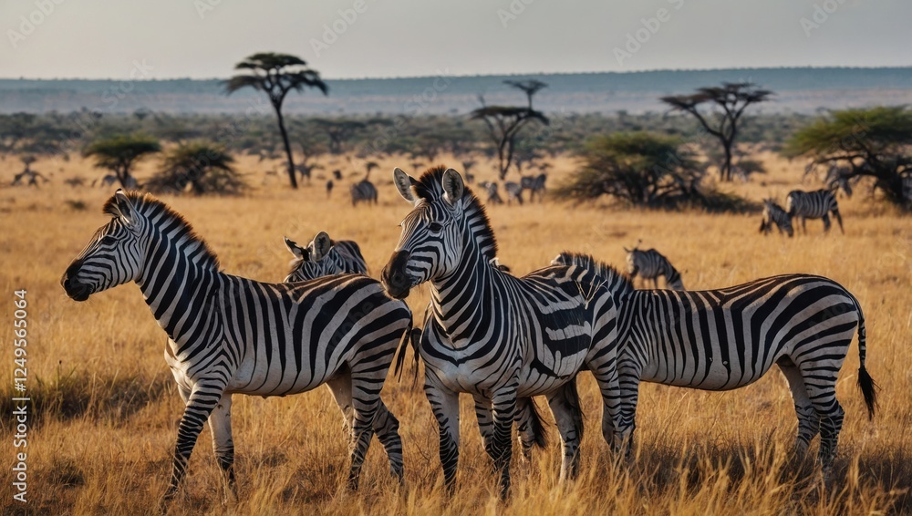 Naklejka premium View of a herd of zebras in the African savannah