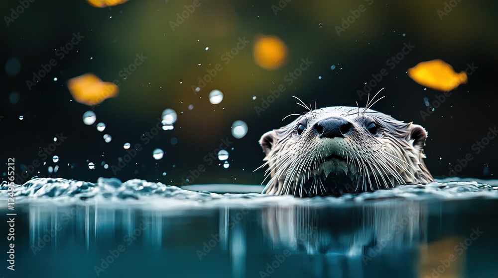 A close-up of a wet otter swimming in a body of water, with droplets of water on its face A close-up of a wet otter swimming in a body of water, with droplets of water on its face