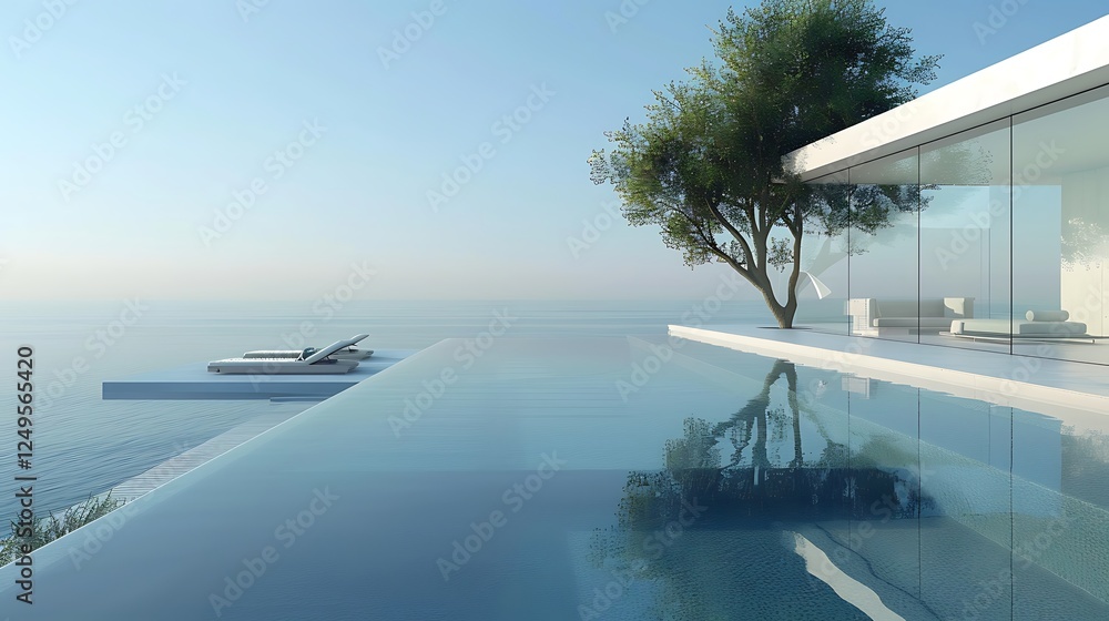 Obraz premium A minimalist, all-glass villa with a luxurious infinity pool blending into a horizon view, surrounded by minimalist landscaping.