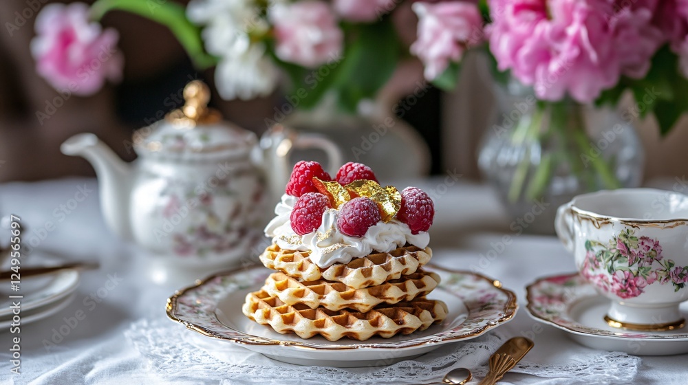 A sophisticated Easter breakfast featuring elegantly plated waffles with a touch of edible gold leaf and a fine porcelain teapot A sophisticated Easter breakfast featuring elegantly plated waffles with a touch of edible gold leaf and a fine porcelain teapot