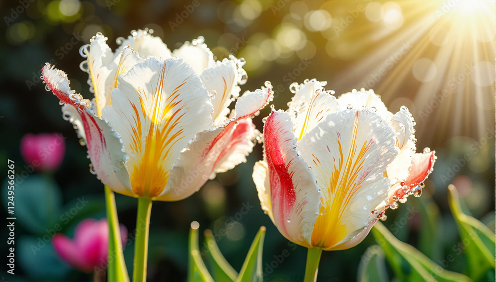 Fototapeta premium Parrot tulips with white-cherry petals with a yellow stroke, with drops of morning dew sparkling in the soft sunlight in the garden