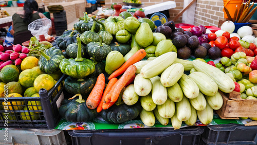 Traditional and native Yucatecan fresh produce such as squash  and assorted vegetables on display at the Municipal market in historic Valladolid town,a Pueblo Magico city in Yucatan,Mexico