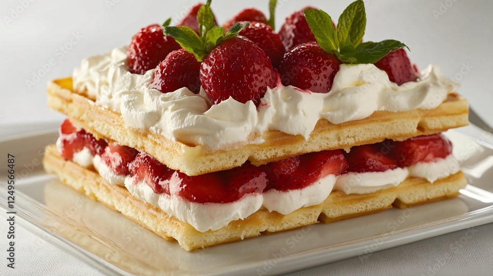 Golden waffles with layers of macerated strawberries and fresh cream, artistically arranged on a white ceramic dish Golden waffles with layers of macerated strawberries and fresh cream, artistically arranged on a white ceramic dish