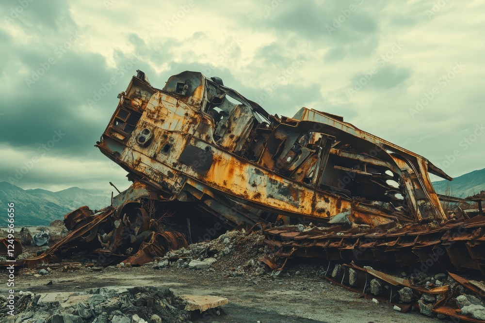 Decayed rusted ship rests on a rocky shore Decayed rusted ship rests on a rocky shore