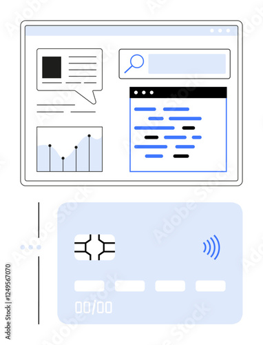 Interface with graphs, text, and search alongside contactless credit card chip. Ideal for technology, e-commerce, analytics, digital payments, fintech, data management abstract line flat metaphor
