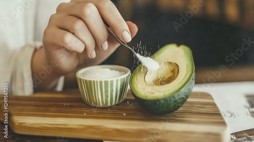   A person slicing an avocado on a cutting board with a small bowl of powder nearby
