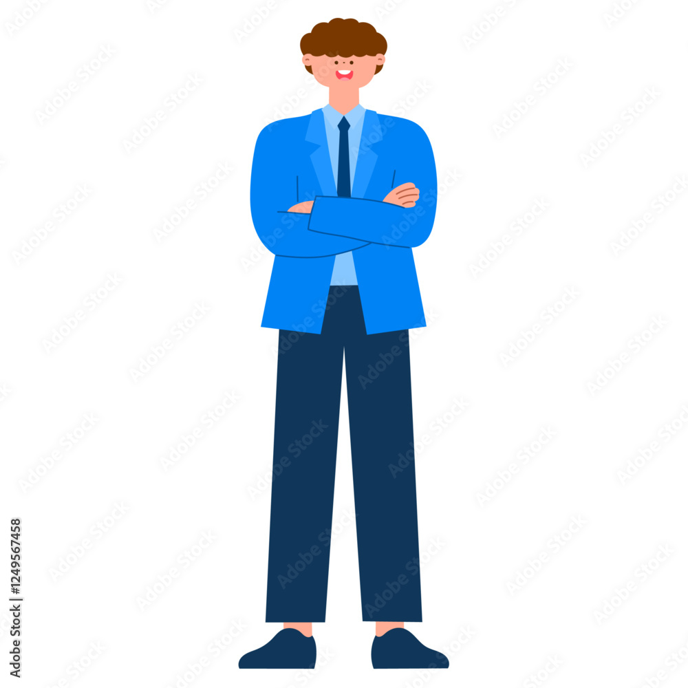 Happy businessman crossed arms flat vector illustration, professional man Happy businessman crossed arms flat vector illustration, professional man