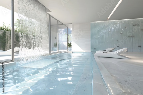 Fototapeta Naklejka Na Ścianę i Meble -  A modern, all-glass villa featuring a luxurious swimming pool with an integrated waterfall, creating a serene, spa-like ambiance.