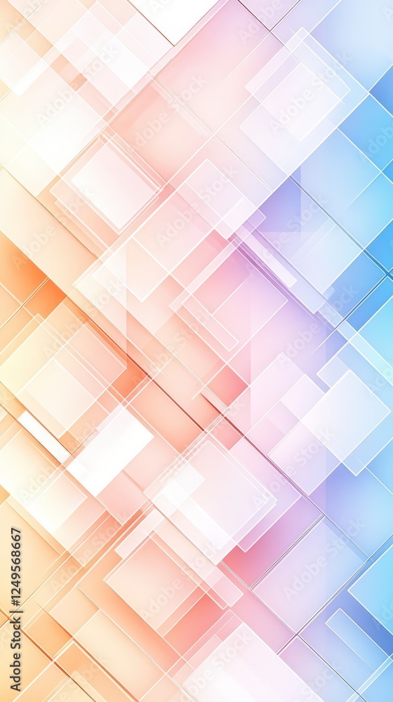 Abstract geometric background with overlapping translucent squares in pastel colors of orange, pink, and blue. Abstract geometric background with overlapping translucent squares in pastel colors of orange, pink, and blue.