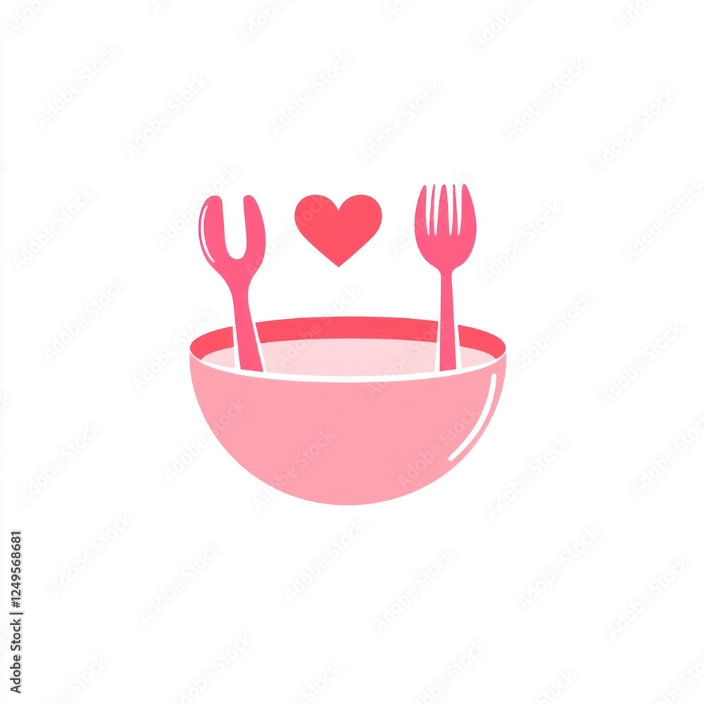 Pink bowl with utensils and heart, healthy eating concept, kids meal, logo design Pink bowl with utensils and heart, healthy eating concept, kids meal, logo design