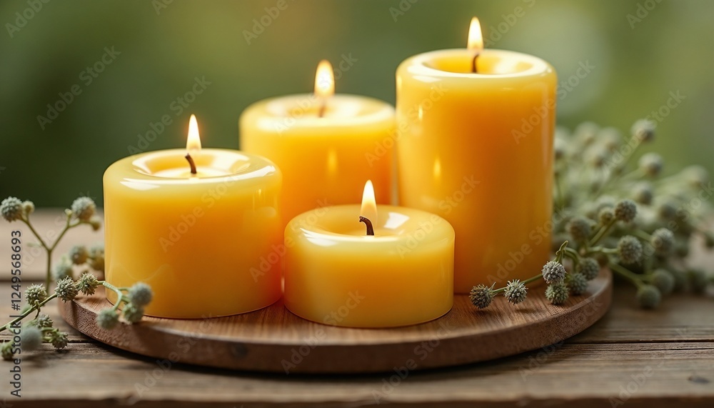 Set of bright yellow candles arranged on a wooden platter with greenery in a natural setting for handmade candles concept Set of bright yellow candles arranged on a wooden platter with greenery in a natural setting for handmade candles concept