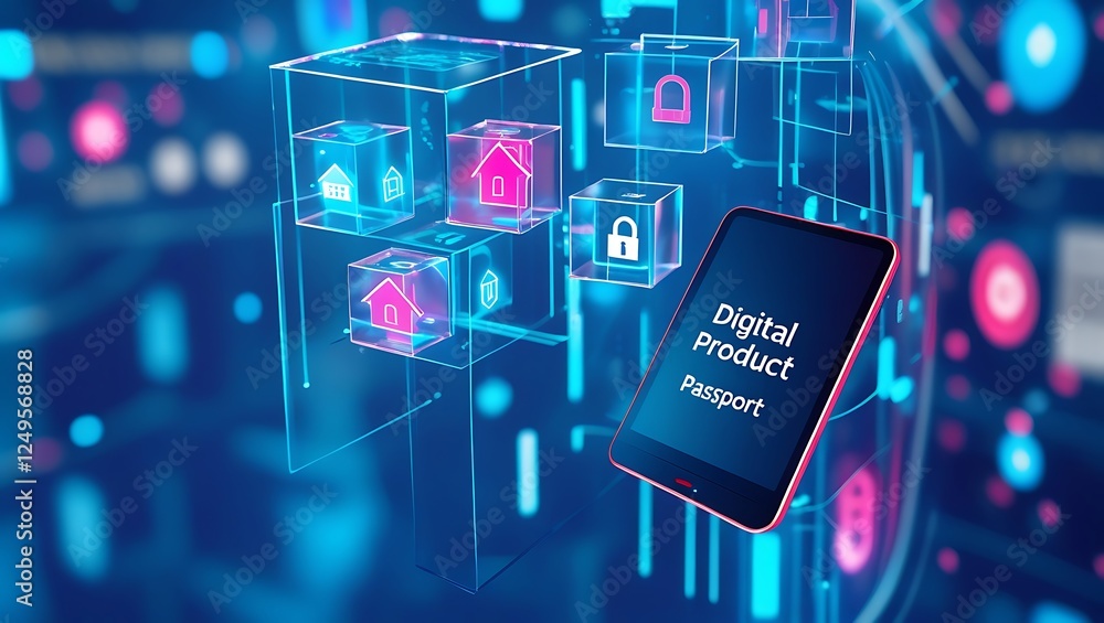 Fototapeta premium Digital Product Passport with QR Code for Product Traceability and Secure Data Storage, digital identity, product authentication, supply chain transparency, electronic circuit background.