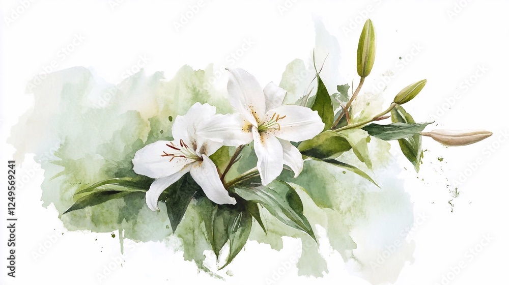 Fototapeta premium Watercolor Depiction of a White Lily Surrounded by Soft Green Foliage