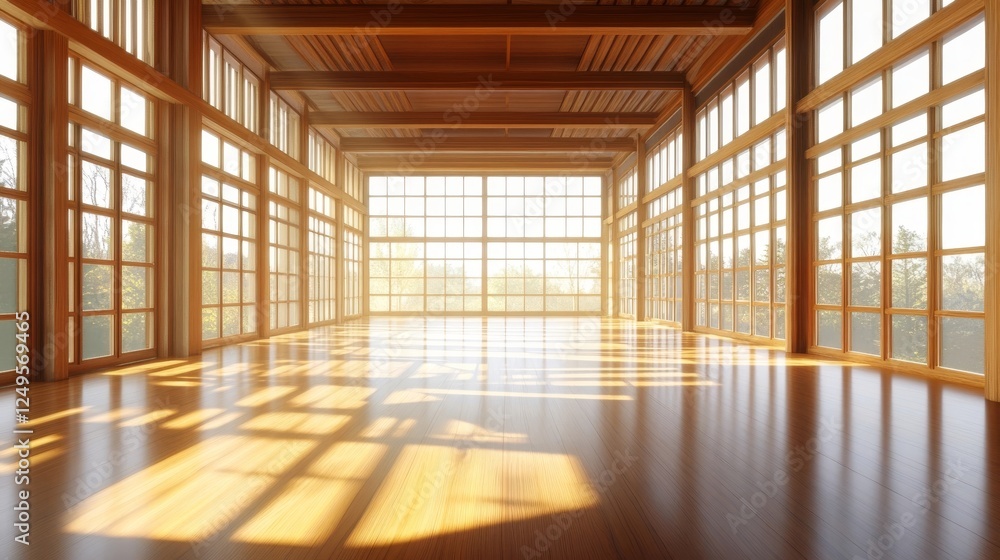 Spacious wooden interior with large windows showcasing natural light in a tranquil setting Spacious wooden interior with large windows showcasing natural light in a tranquil setting