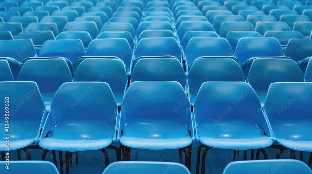 Fototapeta premium Blue plastic chairs in rows with metal legs on a matching blue background, showcasing repetition and simplicity in design.