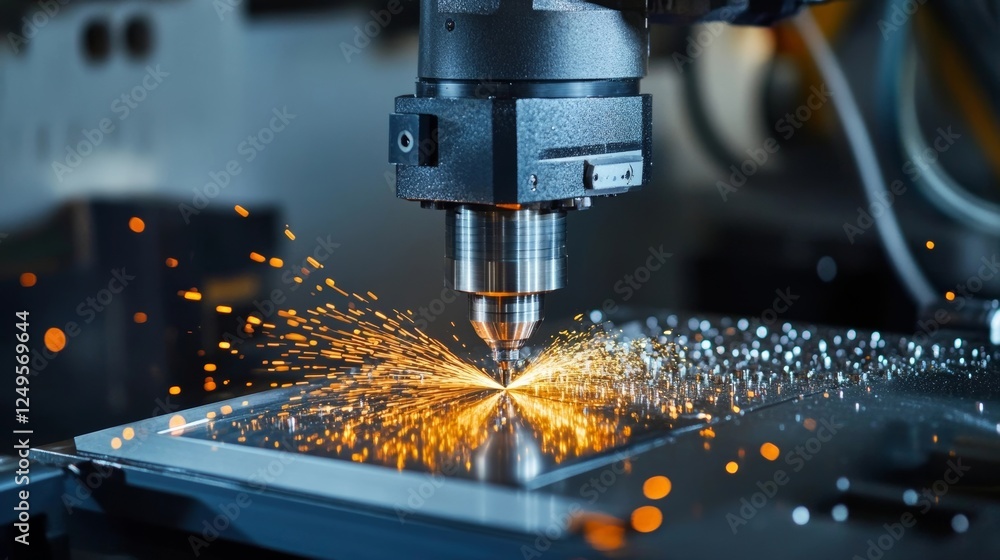 Precision laser cutting process at a fabrication facility with sparks flying during operation Precision laser cutting process at a fabrication facility with sparks flying during operation
