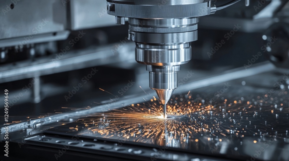 Laser cutting process in a modern workshop showcasing precision and craftsmanship with sparks flying Laser cutting process in a modern workshop showcasing precision and craftsmanship with sparks flying