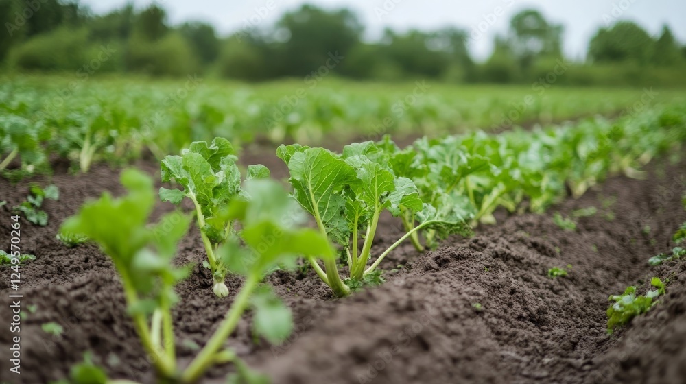 Freshly planted green crops thrive in soil under cloudy sky in agricultural field Freshly planted green crops thrive in soil under cloudy sky in agricultural field