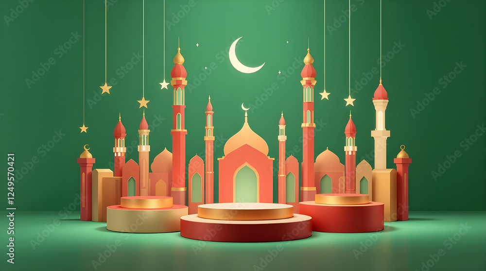 Ramadan Kareem Mosque and lantern with green background text with Copy space , 3D render. Ramadan Kareem Mosque and lantern with green background text with Copy space , 3D render.