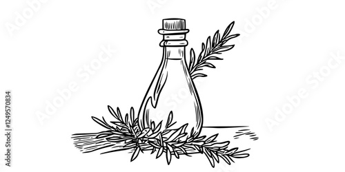 glass bottle with herbs and rosemary black vector sketch