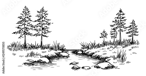 forest stream with rocks black vector sketch illustration