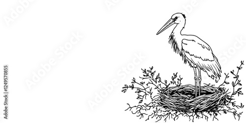 stork standing in nest with branches black vector sketch