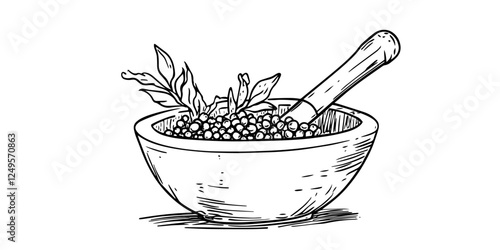 mortar with pestle and herbs black vector sketch
