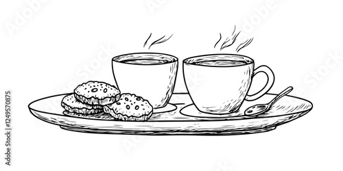 tea cups with cookies on plate black vector sketch